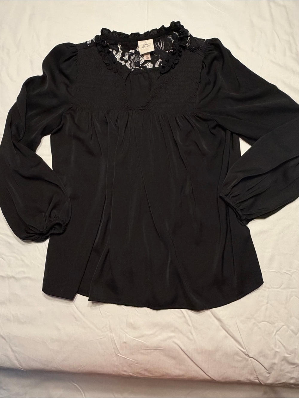 Knox Rose Black Lace Yoke Smocked Blouse Medium 1116